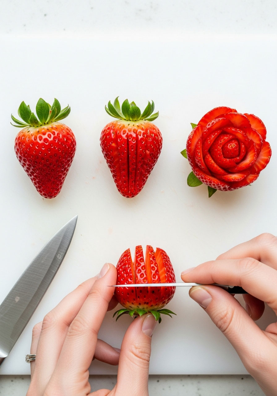 Step-by-step strawberry rose carving process showing whole berry, partially carved, and finished edible rose decoration for parties