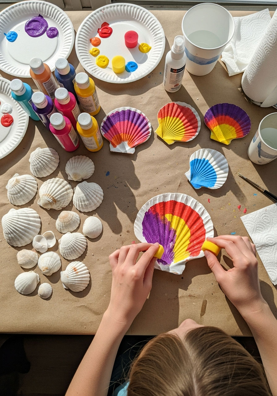 Tween creating sunset gradient design on painted seashell using sponge technique at beach themed birthday party