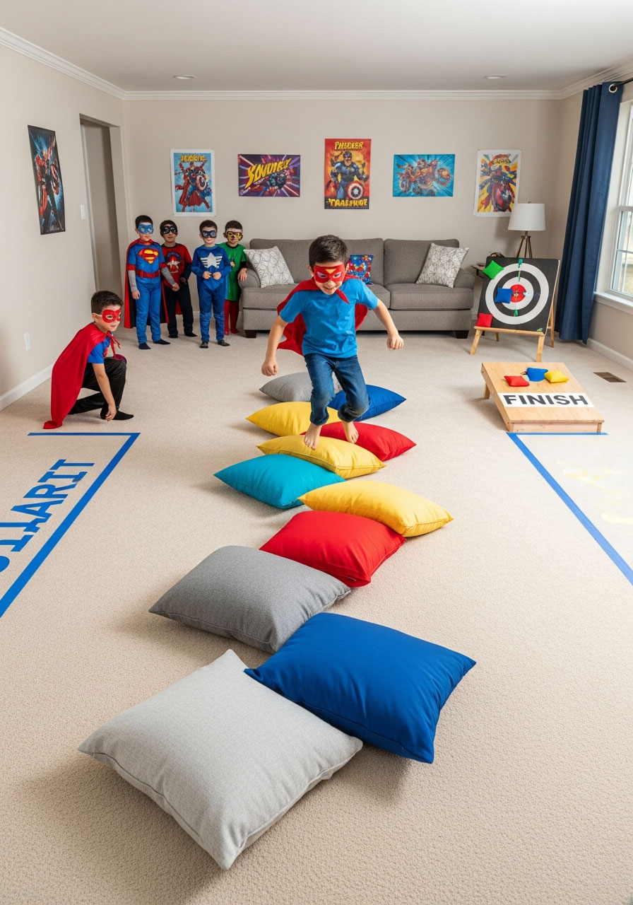 Kids in superhero costumes navigating indoor obstacle course at action-packed birthday training camp