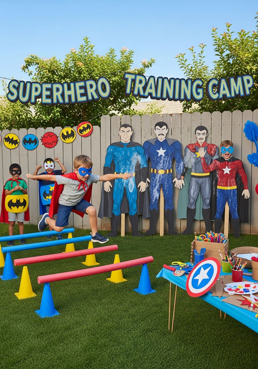 Superhero training camp outdoor birthday party with kids doing obstacle course wearing capes and masks in decorated backyard