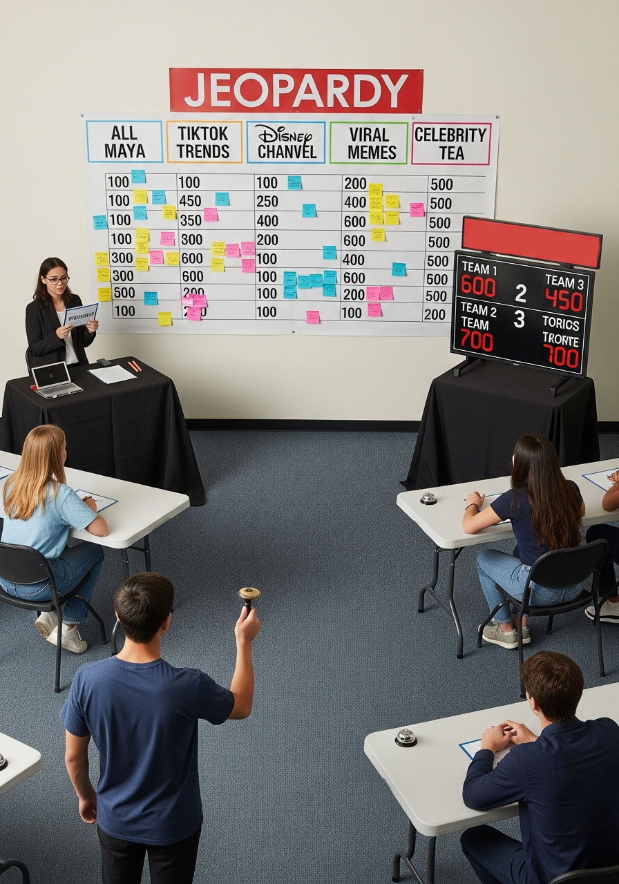 Custom Jeopardy game board with Sweet 16 themed categories and teens competing in teams at birthday party