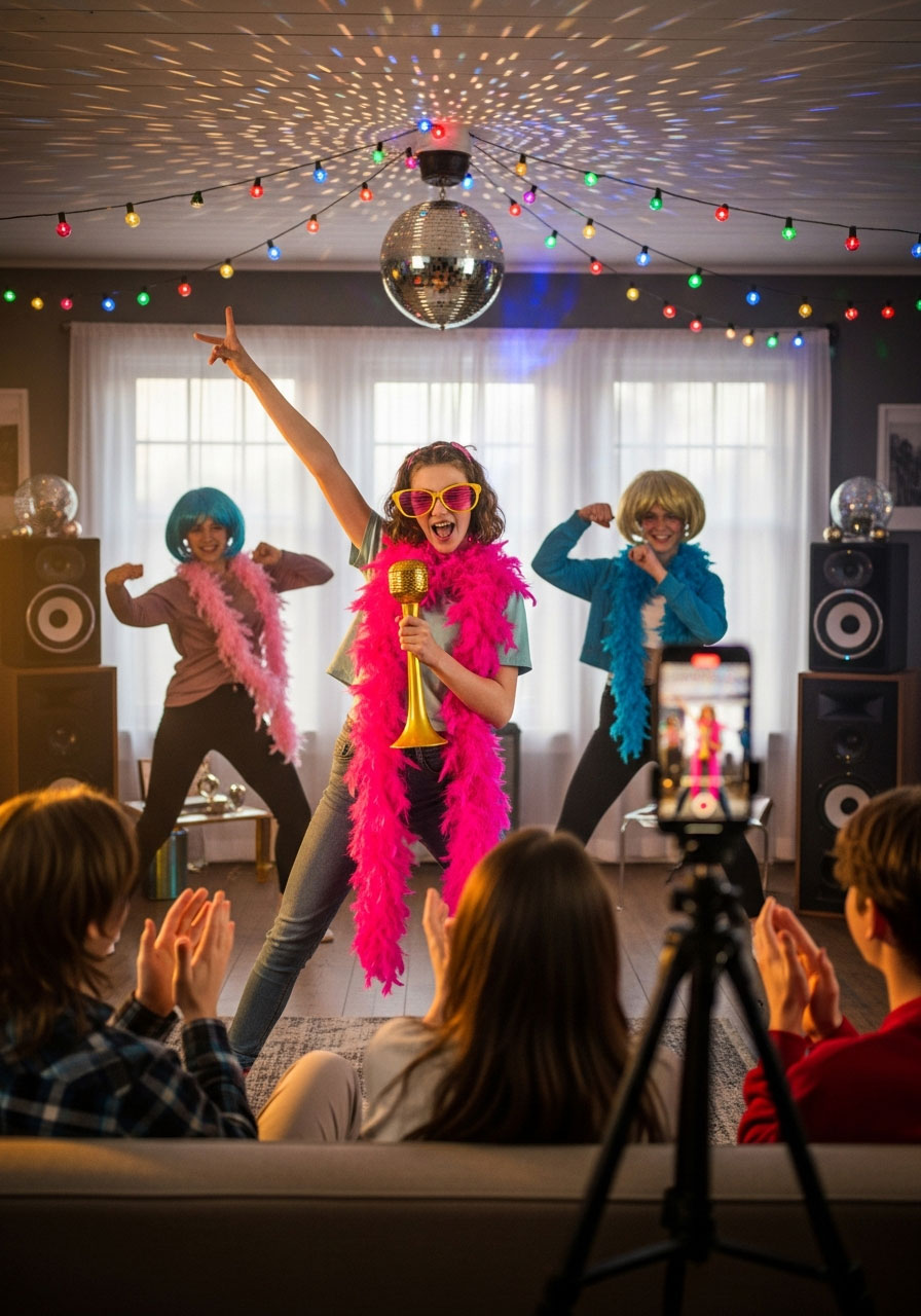 Teenagers performing energetic lip sync battle at Sweet 16 party with props, microphones, and audience cheering