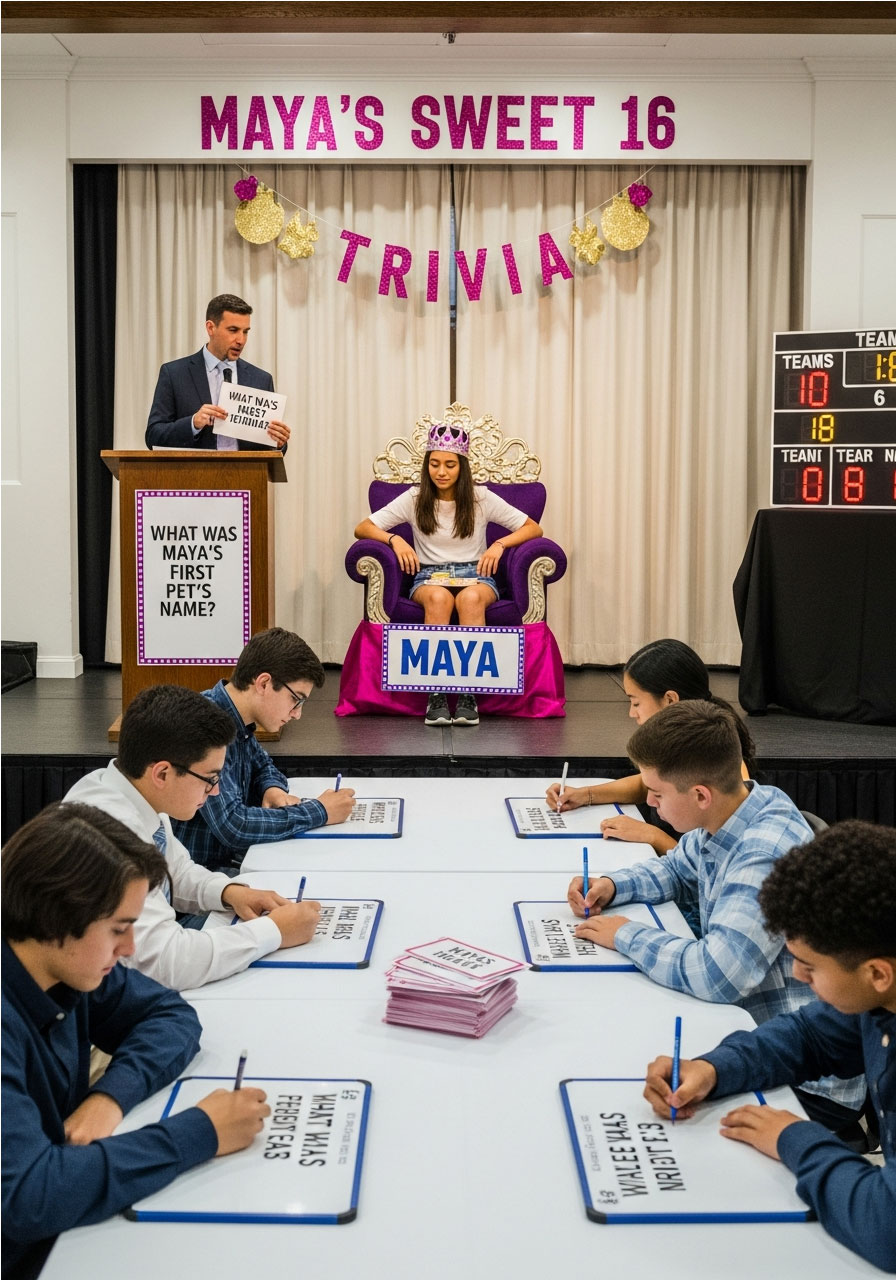 Birthday teen in hot seat while teams answer trivia questions about them at Sweet 16 party
