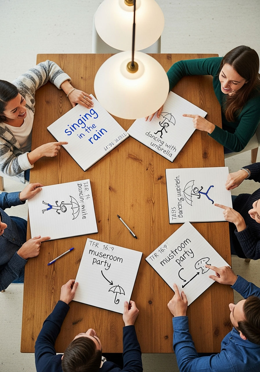 Group playing Telephone Pictionary game at birthday party showing progression of drawings and guesses on notepads around table