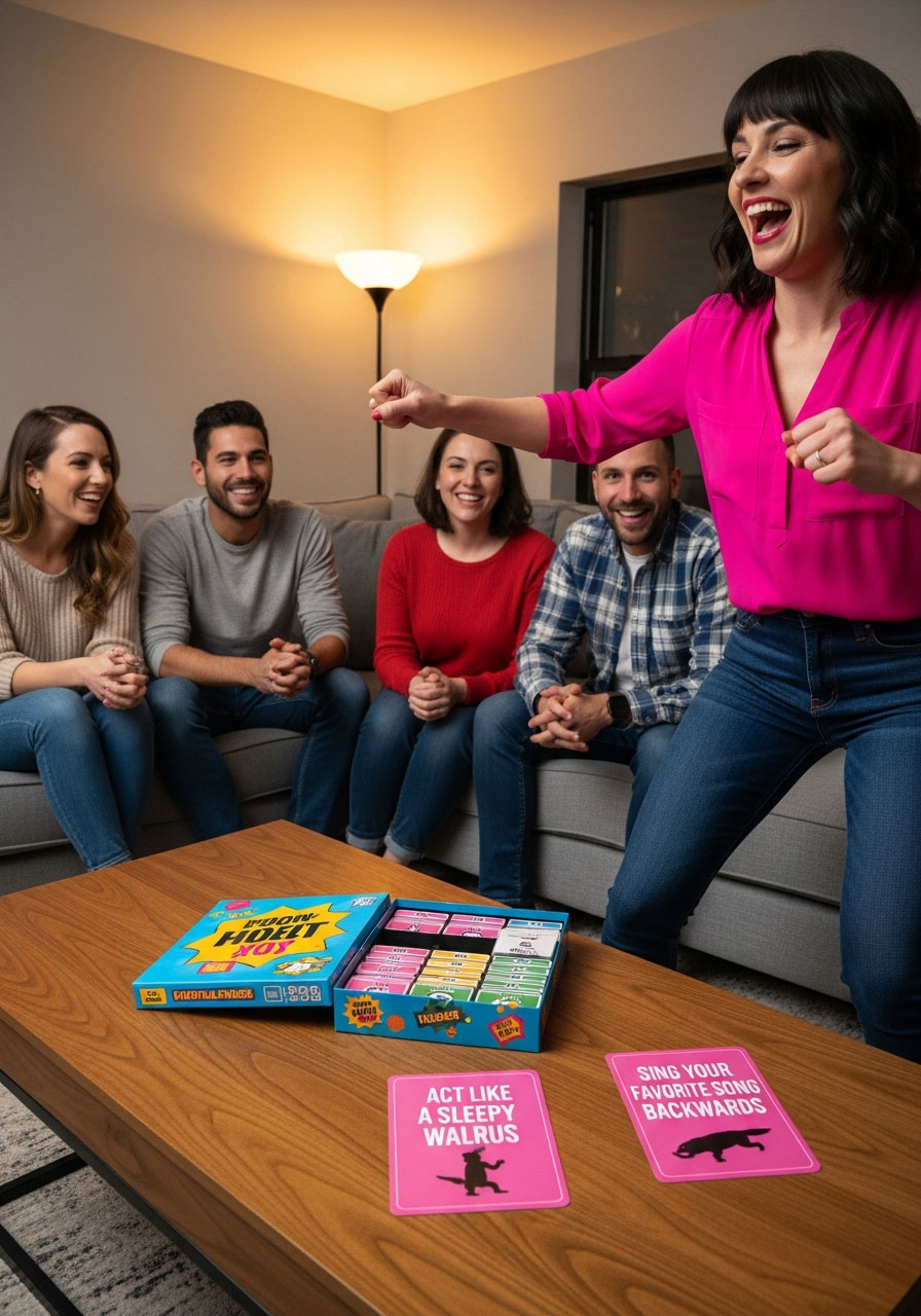 Adults playing Tell Me Without Telling Me charades party game at birthday celebration with friends around coffee table