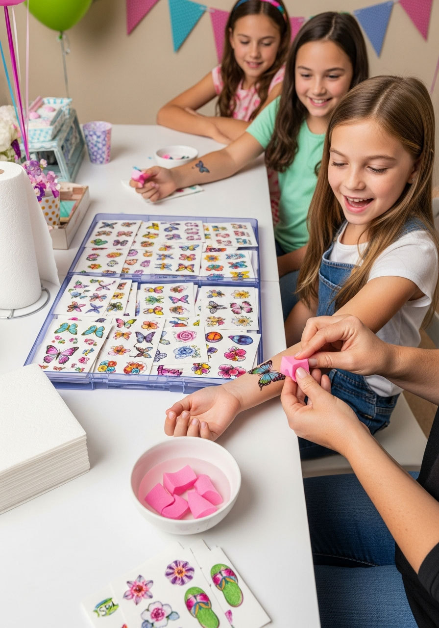 Adult applying temporary butterfly tattoo to girl's wrist at spa birthday party tattoo station