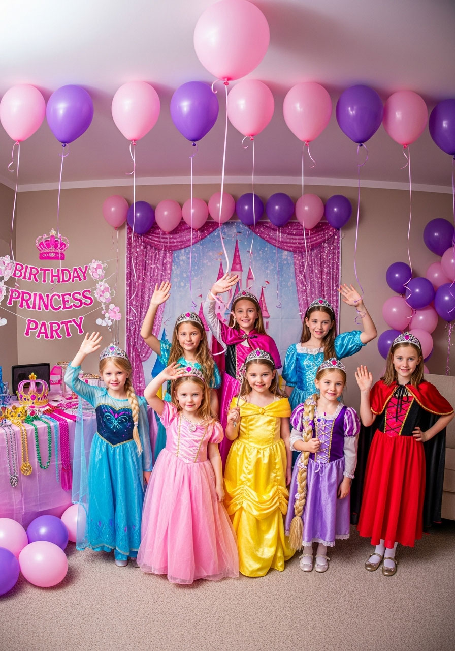 Girls in princess costumes posing at themed costume birthday party with photo backdrop