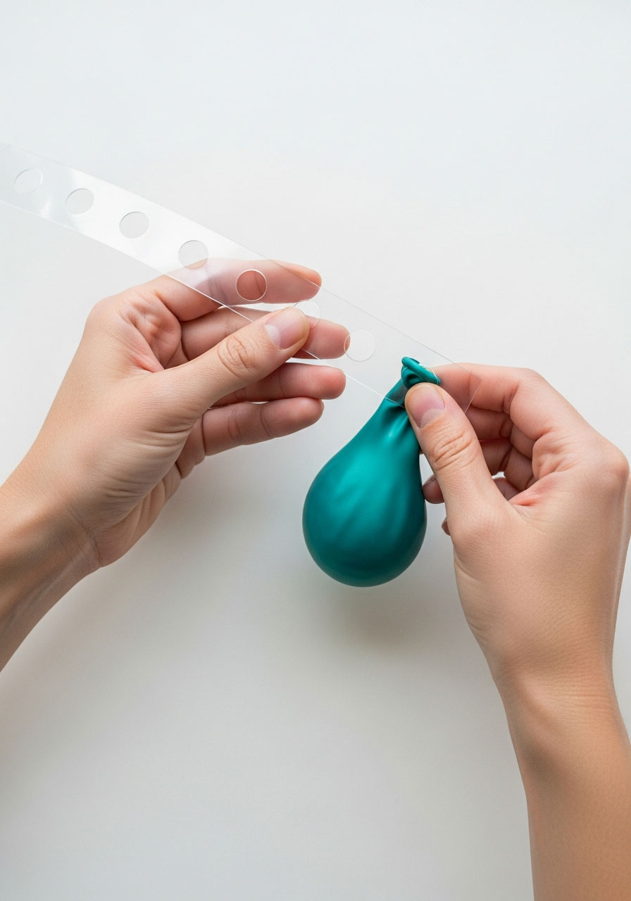 Close-up of hands threading balloon knot through plastic garland strip showing DIY assembly technique