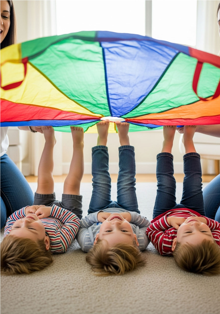 Toddlers laying down getting toes tickled by parachute during giggly birthday party game