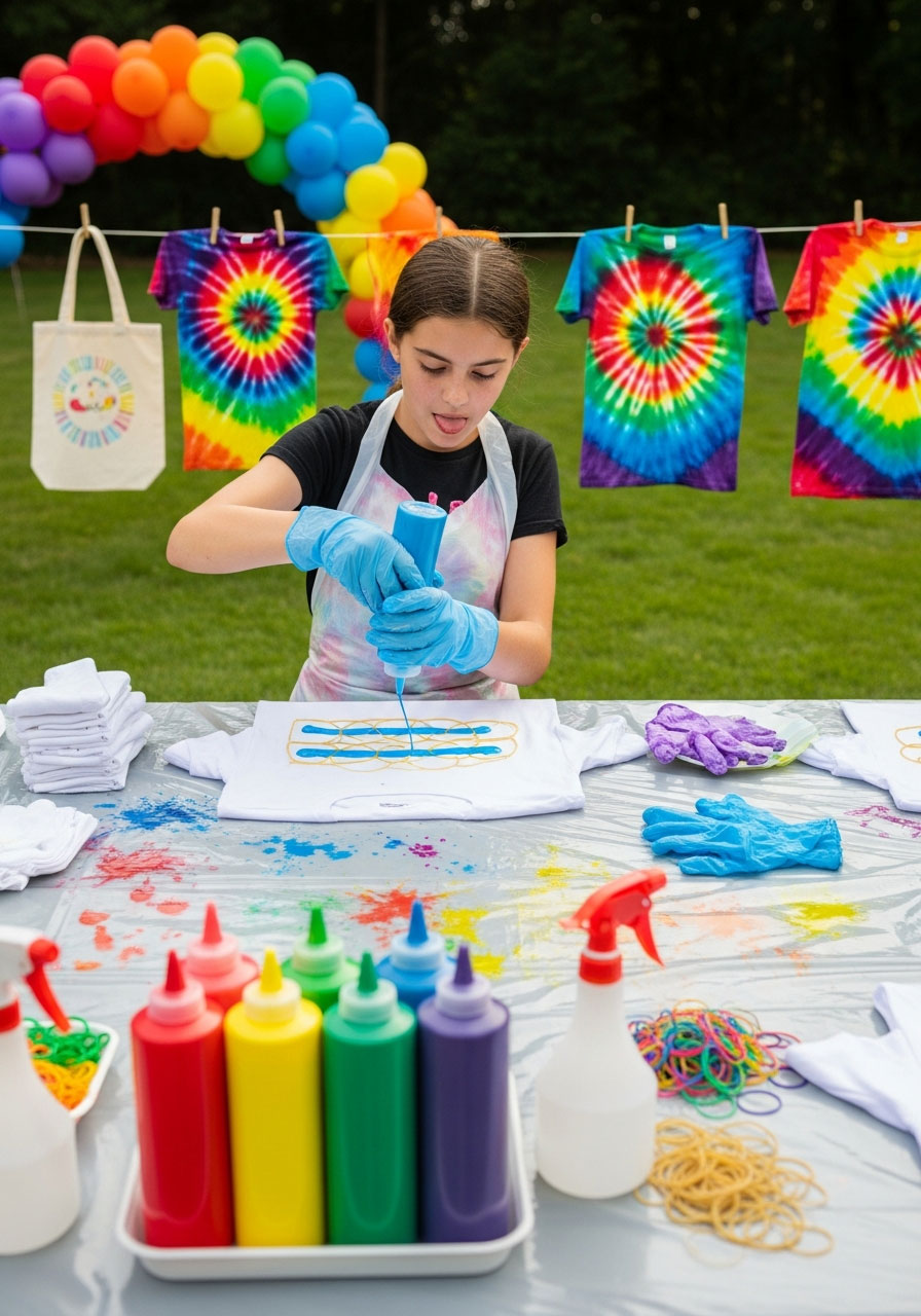 Kids making tie-dye t-shirts at outdoor birthday party with colorful dyes and rubber bands at crafting station