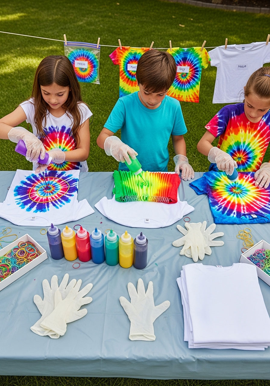 Kids creating tie-dye t-shirts at outdoor birthday party craft station with colorful dyes and rubber band techniques