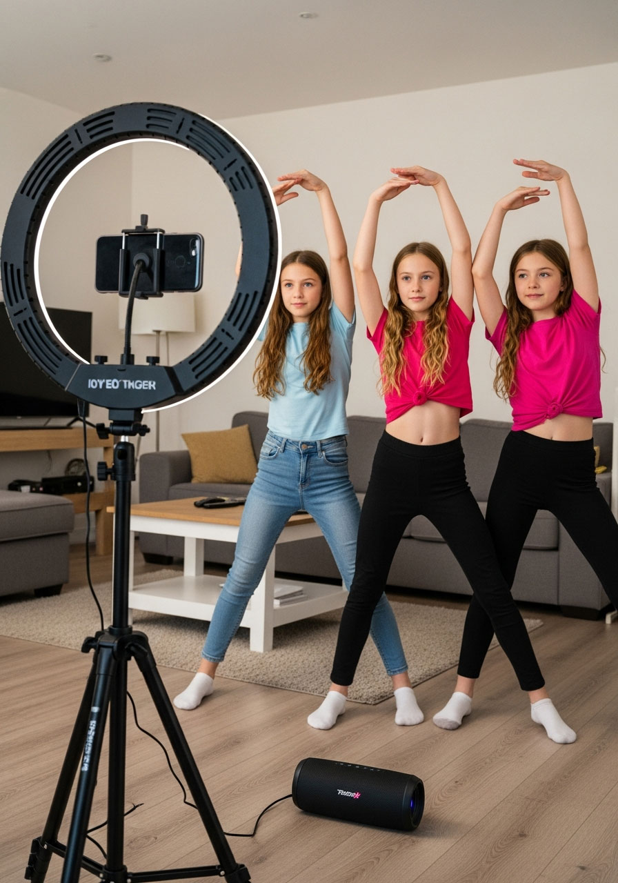 Three tweens performing synchronized TikTok dance in front of ring light and phone camera at birthday party