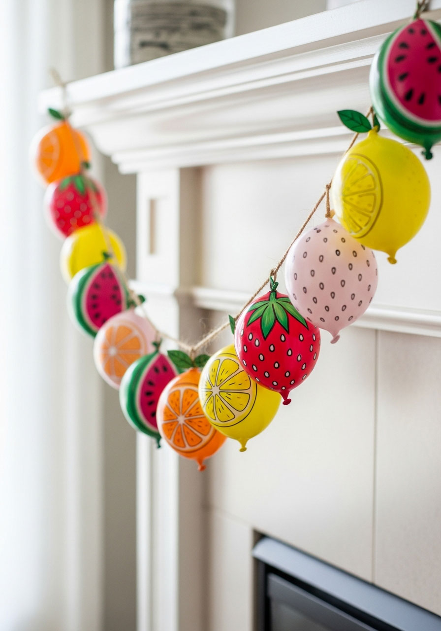 DIY miniature fruit balloon garland with watermelon, orange, strawberry and lemon designs hanging on mantel - cute summer birthday decoration