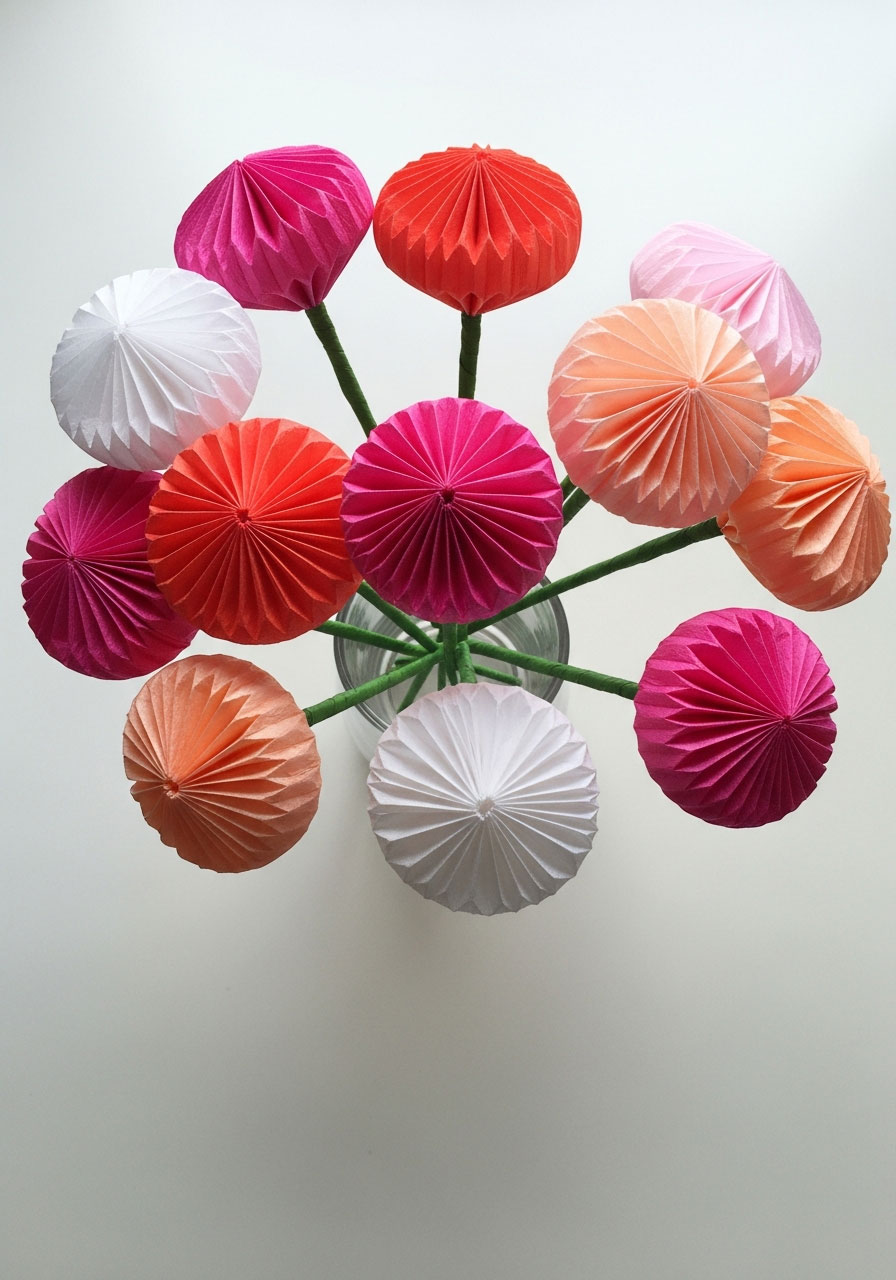 Bouquet of DIY tissue paper flowers in pink tones in glass vase - easy budget-friendly birthday party centerpiece