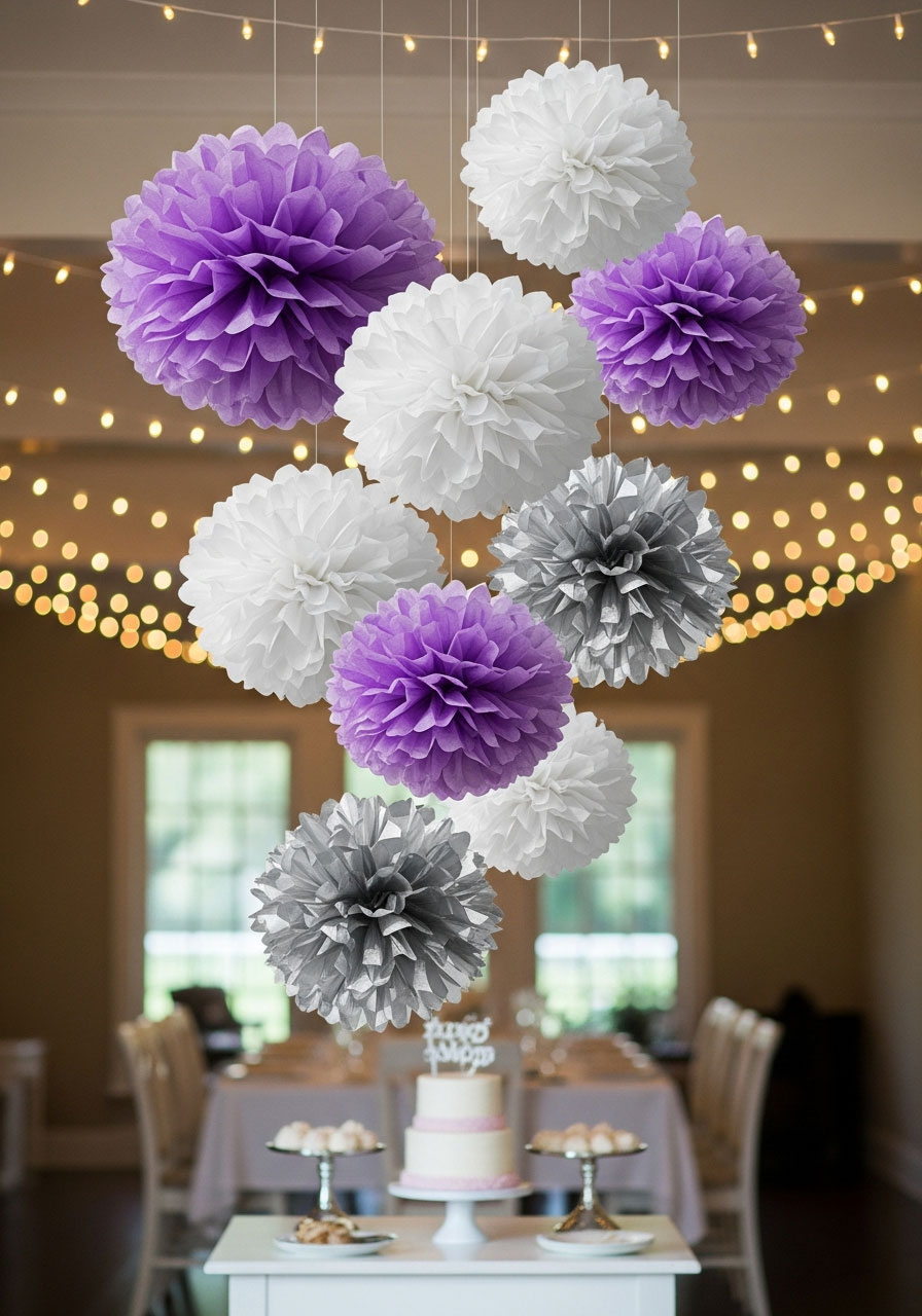 Cluster of lavender and white tissue paper pom poms hanging above dessert table - classic DIY birthday party decoration