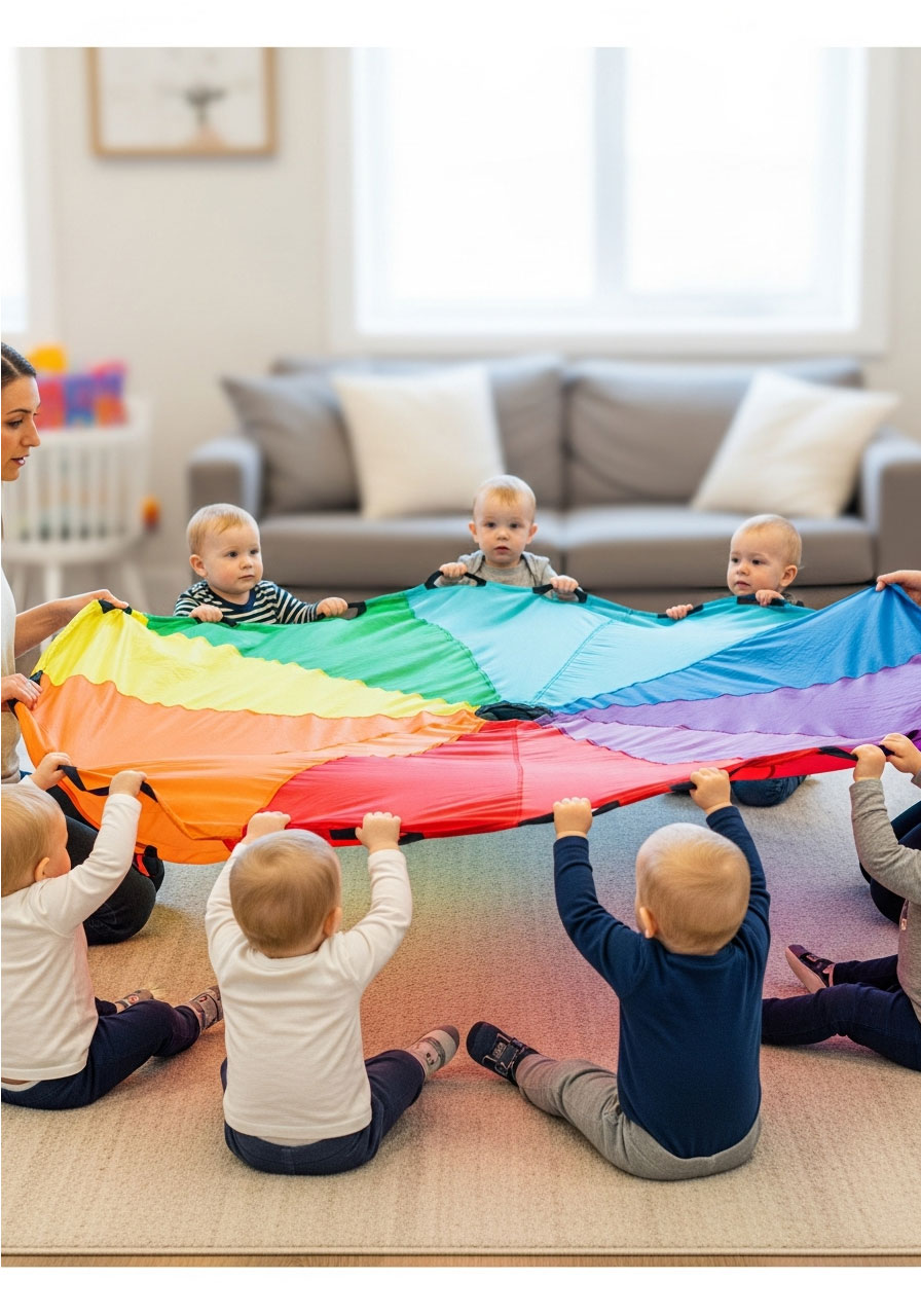 Toddlers sitting in circle making gentle waves with rainbow parachute at indoor birthday party