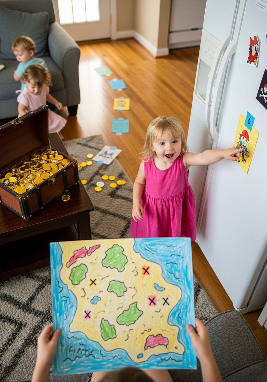 Toddler treasure hunt game with colorful map and clues for indoor birthday party activities