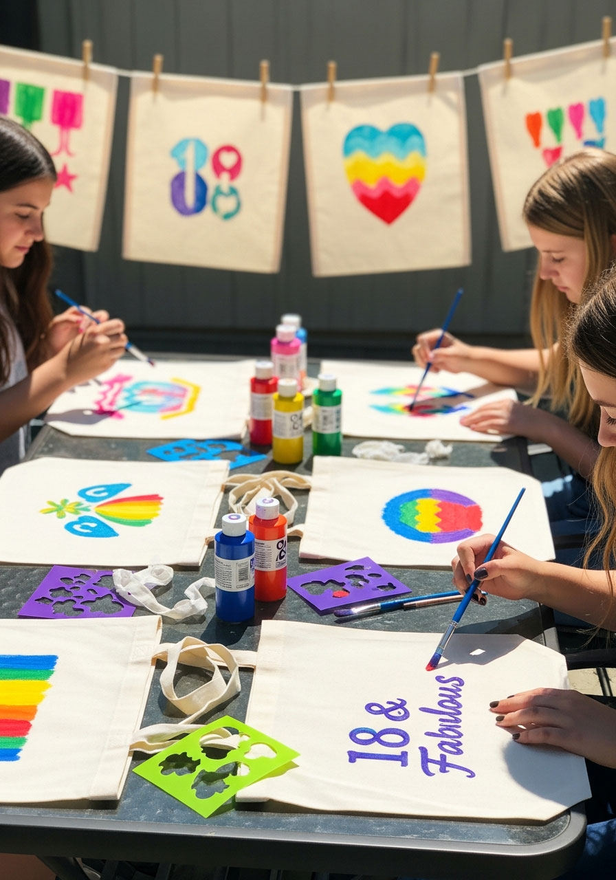 Girls painting custom canvas tote bags with fabric paint as 18th birthday party craft activity