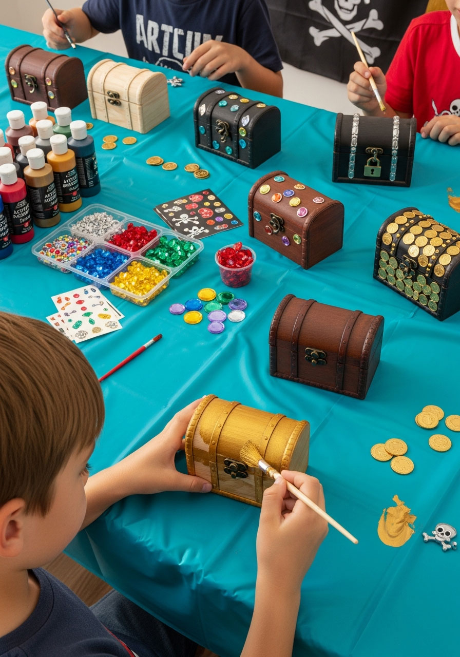 Child painting wooden treasure chest party favor with gold paint and decorating with jewels at pirate-themed birthday party