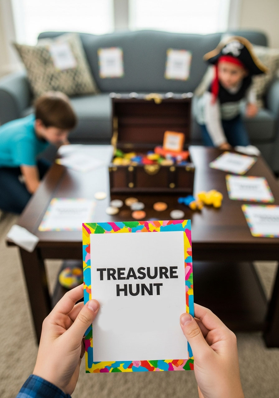 Child holding treasure hunt clue card during exciting indoor birthday party scavenger hunt adventure