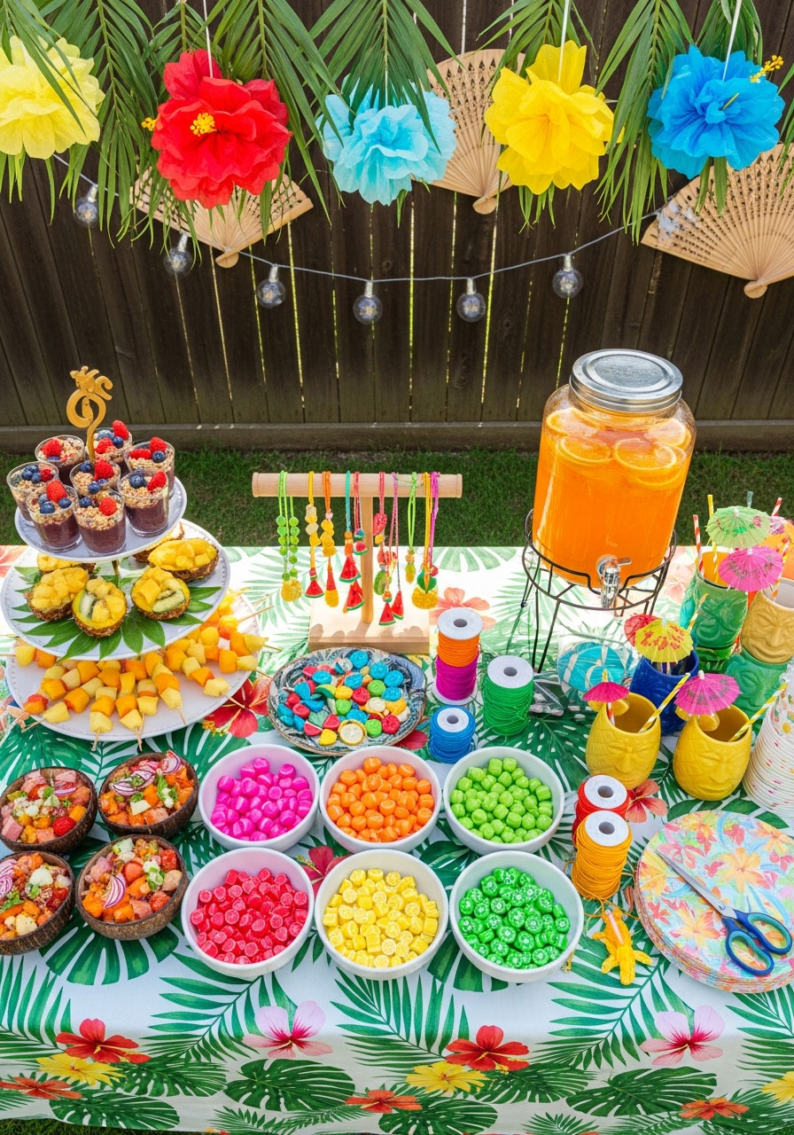 Tropical garden birthday party with DIY fruit necklace craft station, mini acai bowls, poke bowls, citrus cocktails, and vibrant palm leaf decorations