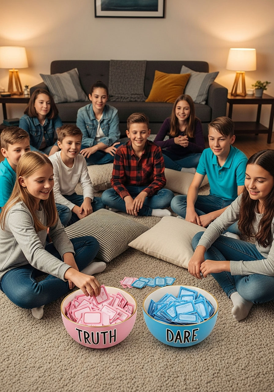 Tweens sitting in circle playing truth or dare with card bowls at birthday party