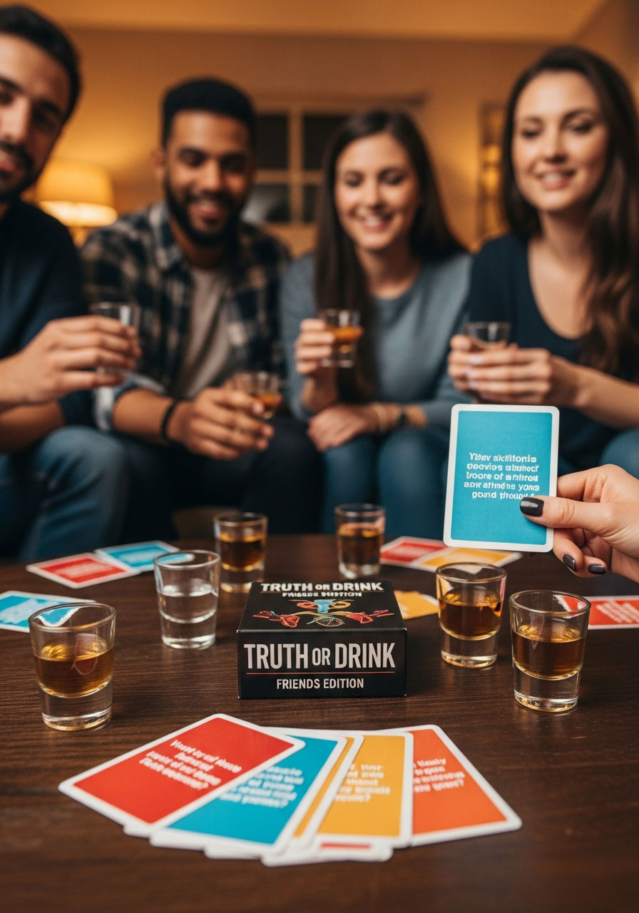 Truth or Drink card game at birthday party showing question cards and shot glasses with friends ready to play