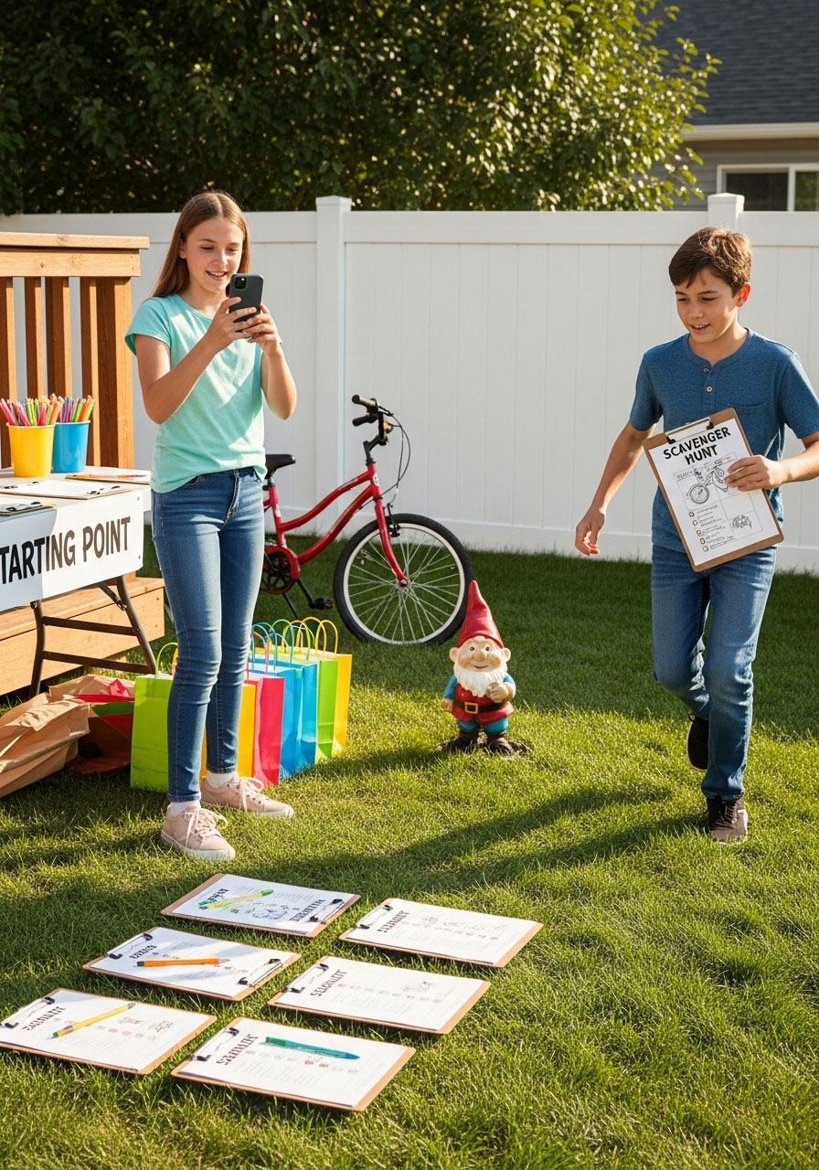 Tweens playing outdoor scavenger hunt birthday party game with smartphones taking photo evidence in backyard