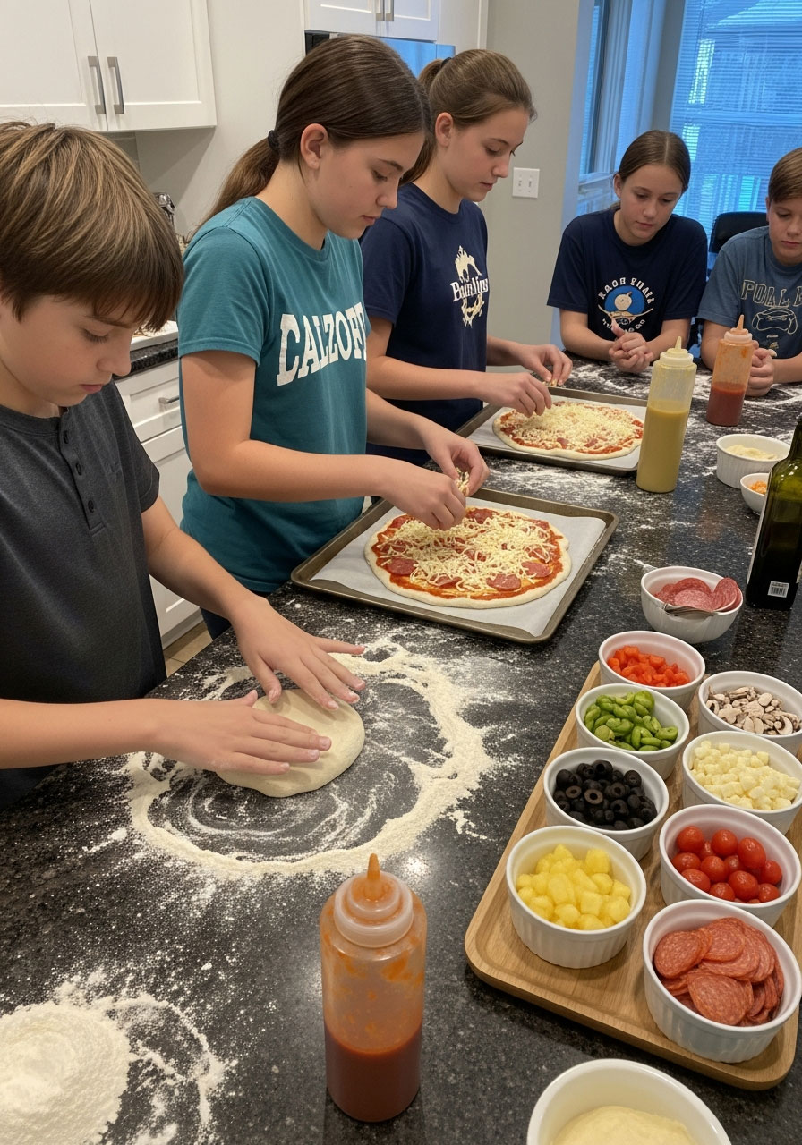 Tweens making personal pizzas at assembly line during birthday party cooking activity with toppings bar