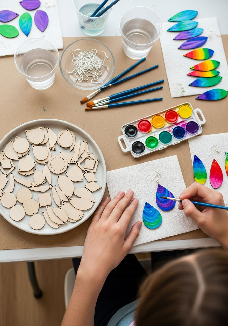 Tween girl painting DIY watercolor earrings at birthday party craft table with wooden blanks and colorful paints