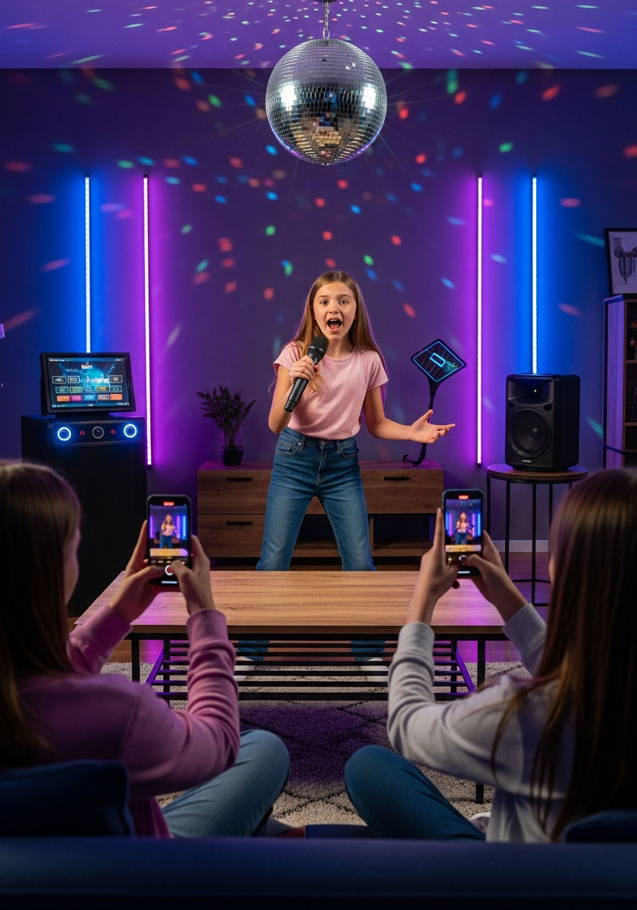 Tween girl singing karaoke with microphone at birthday party with disco ball and LED lights while friends record