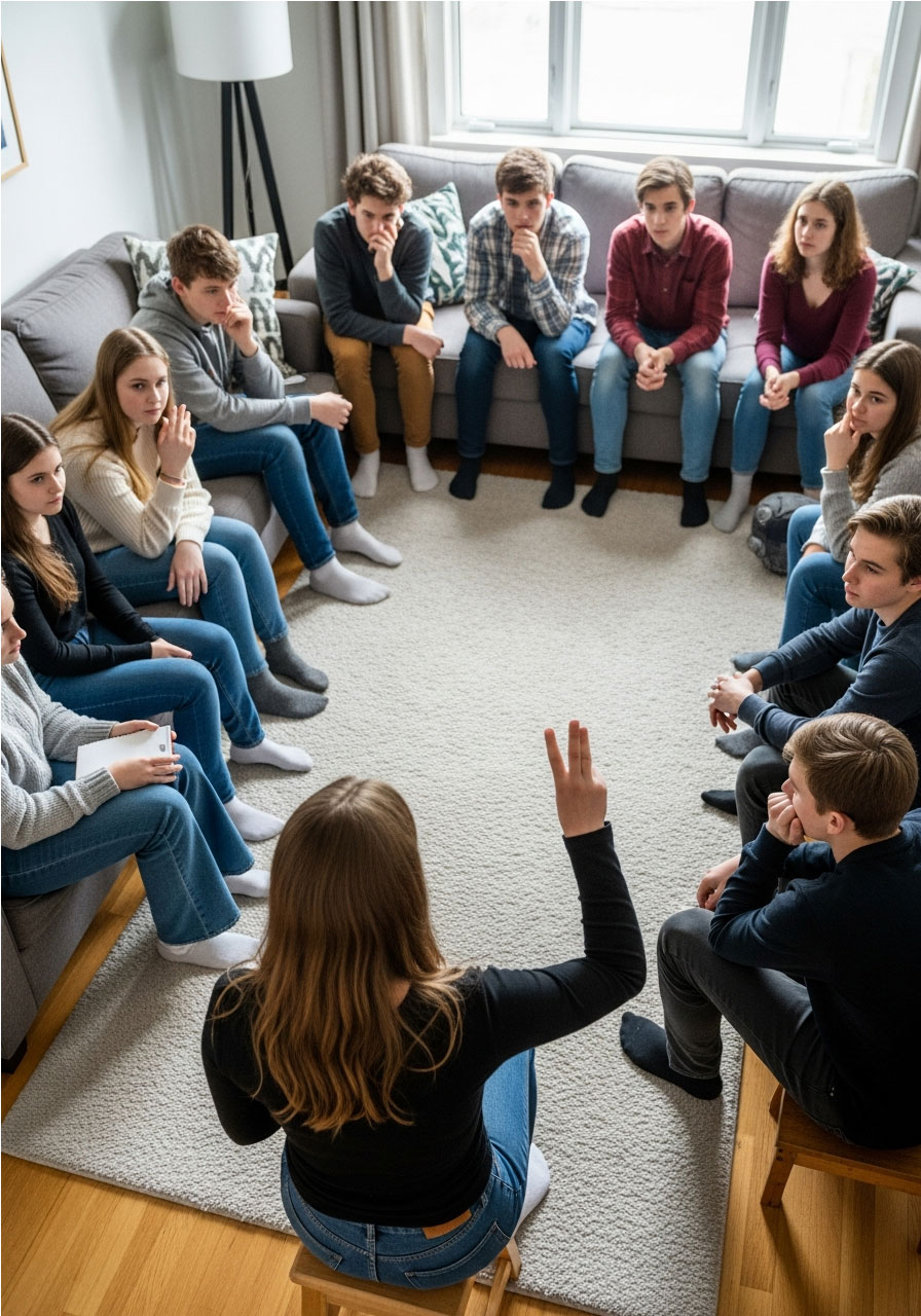 Circle of teenagers playing Two Truths and a Lie icebreaker game at Sweet 16 birthday party