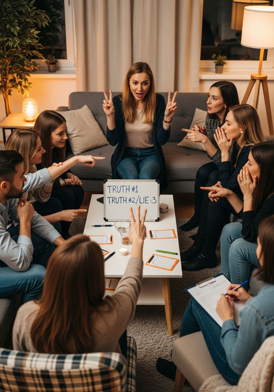 Woman telling animated story while friends guess truths and lies at 30th birthday party game