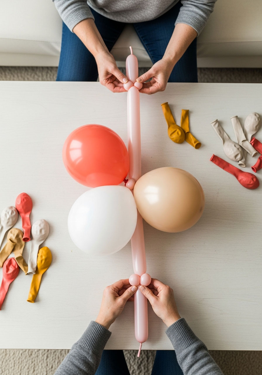 Close-up of hands tying latex balloons onto modeling balloon string to create balloon column clusters