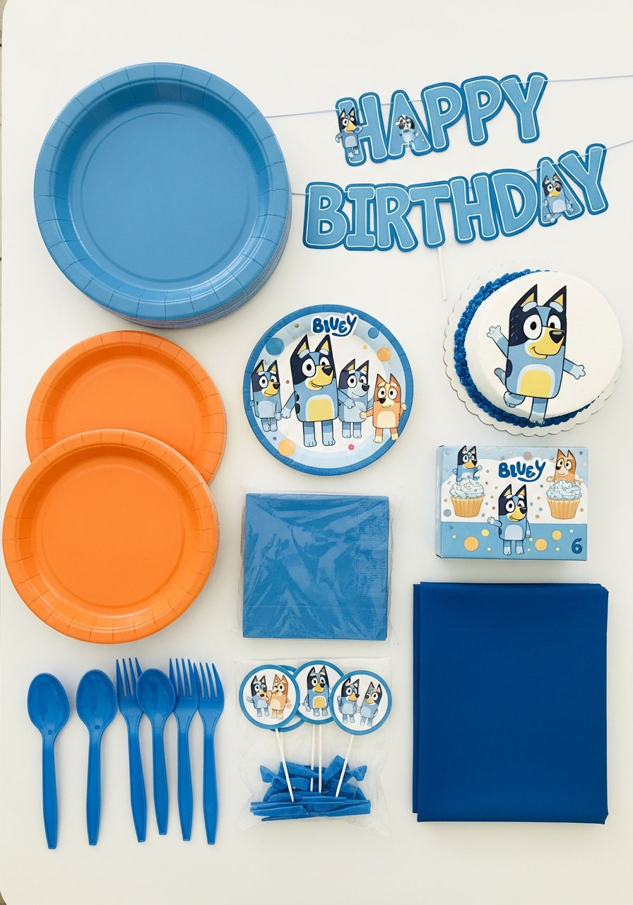 Complete Bluey birthday party kit with plates, napkins, banner, cake topper, and decorations laid out