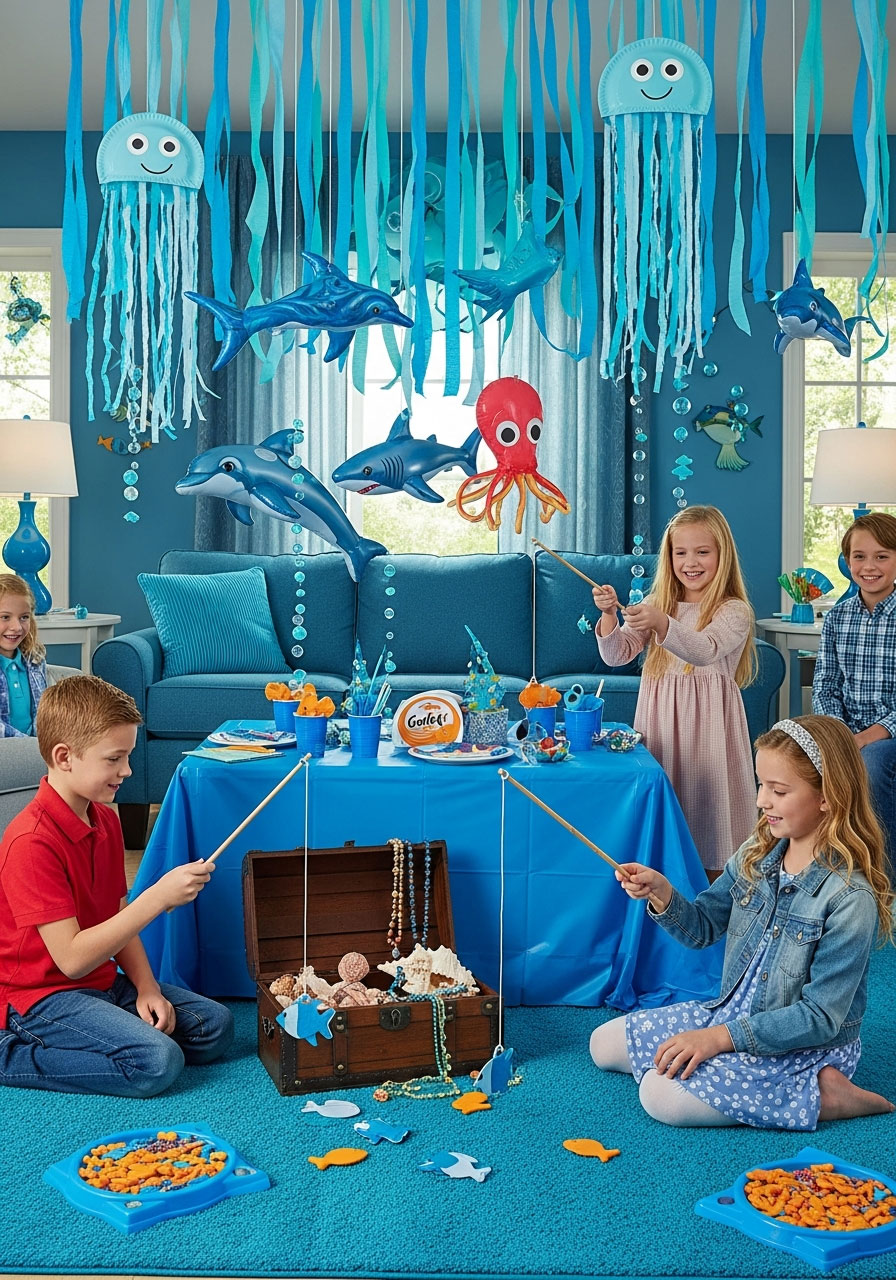 Under the sea themed indoor birthday party with ocean decorations and kids playing fishing game