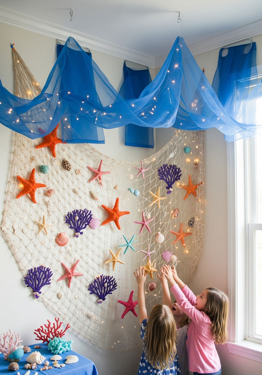 Underwater mermaid party decorations with fishing net, starfish, and blue fabric creating ocean scene on wall