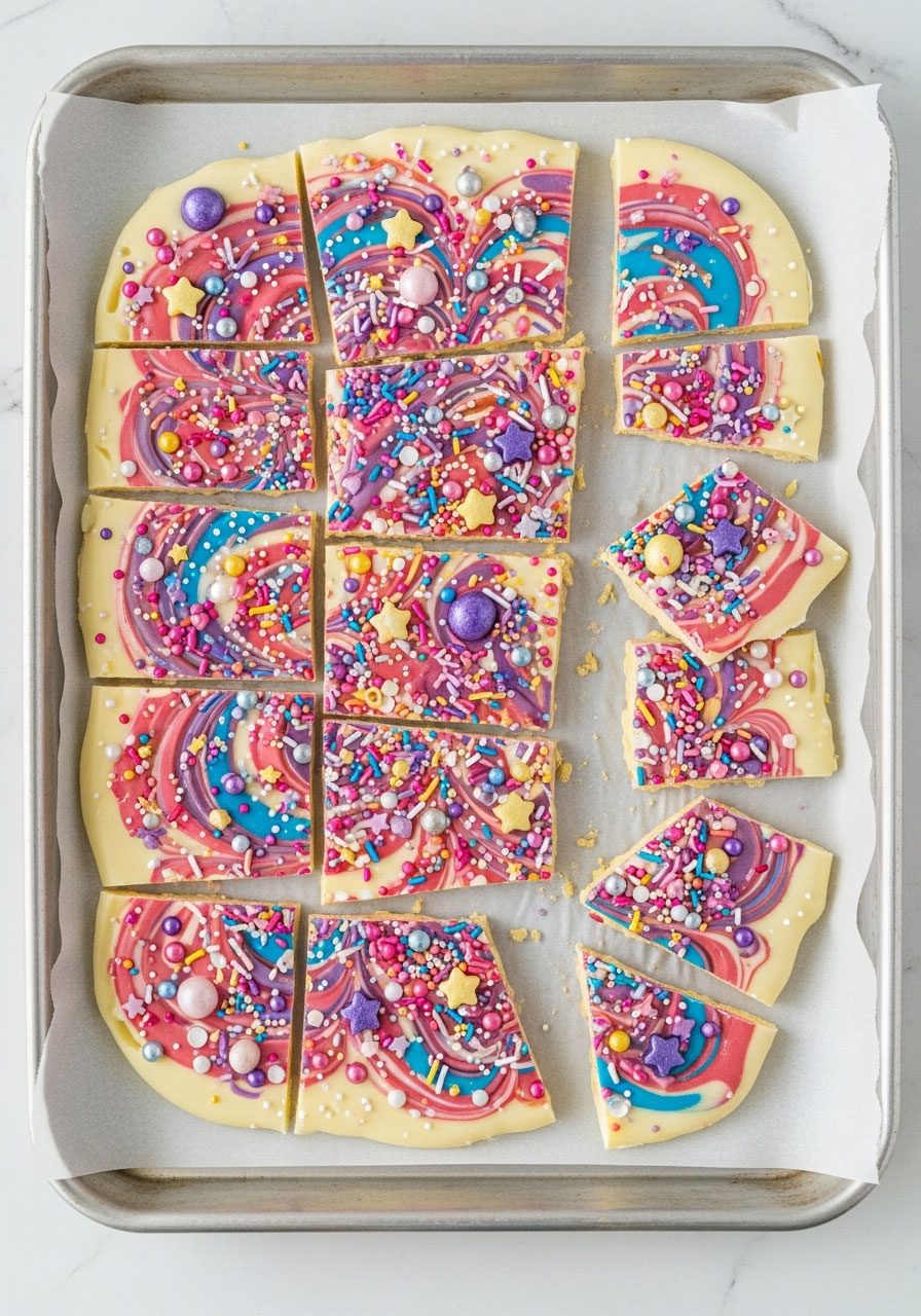 Unicorn bark candy with marbled white chocolate, rainbow sprinkles, and edible stars on parchment