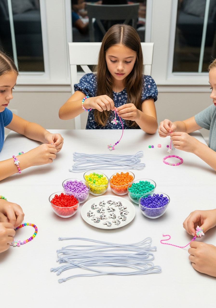 Girls making custom unicorn bracelets with colorful beads and charms at birthday party craft table