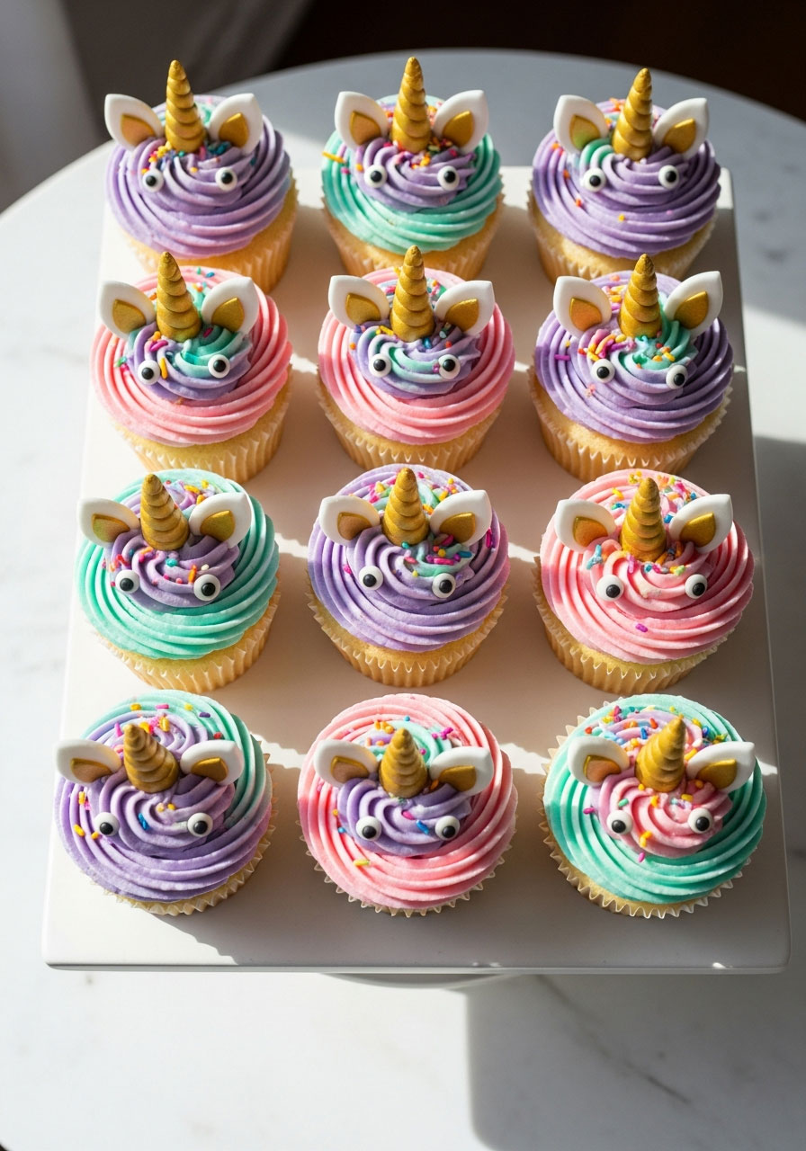 Unicorn cupcakes with gold horn toppers, fondant ears, and pastel swirled buttercream frosting
