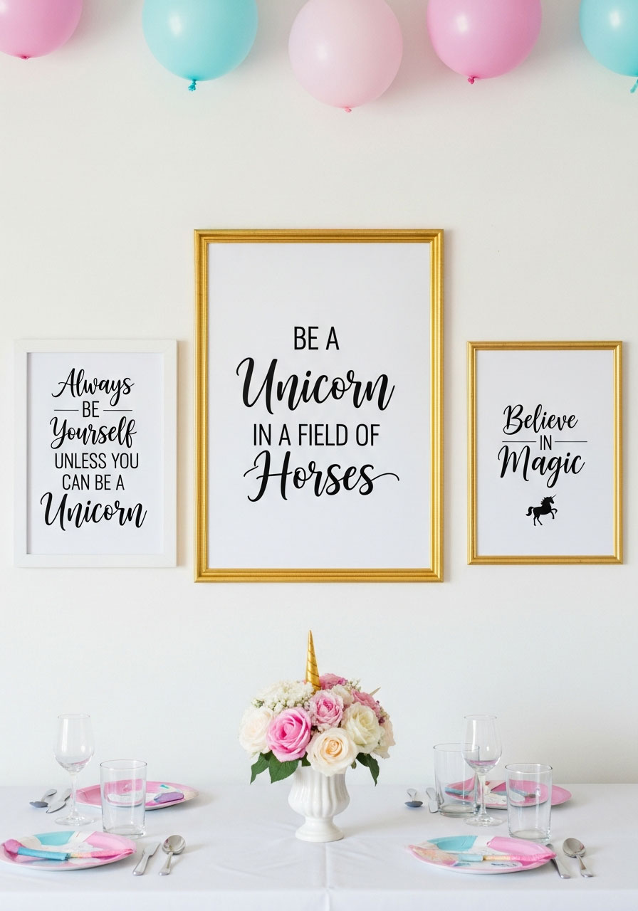 Unicorn inspirational quote wall art in gold and white frames displaying motivational messages
