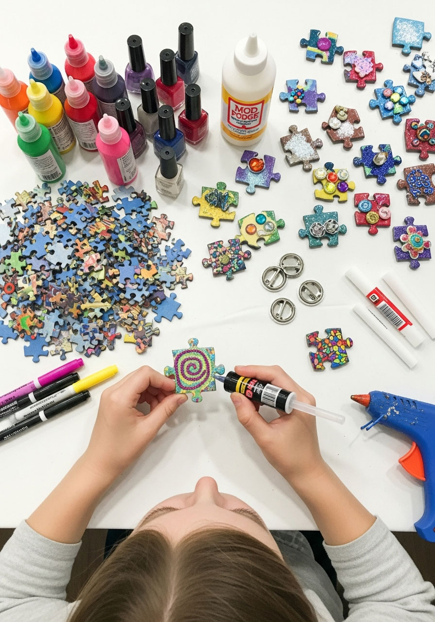 Tween decorating upcycled puzzle piece pins with glitter and paint at eco-friendly birthday party craft