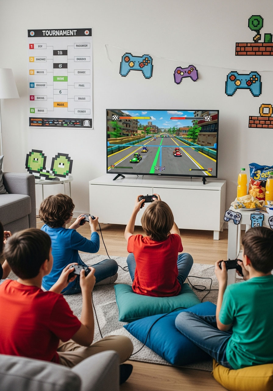 Kids playing multiplayer video games with controllers at competitive gaming tournament birthday party