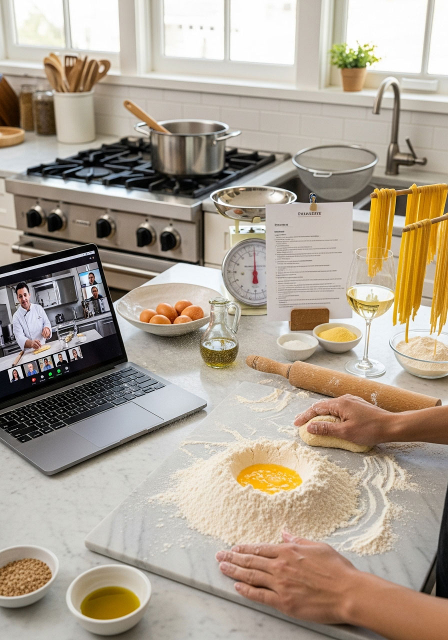 Virtual cooking class birthday party showing chef instructor on laptop screen, fresh pasta making in progress with ingredients, and hands kneading dough