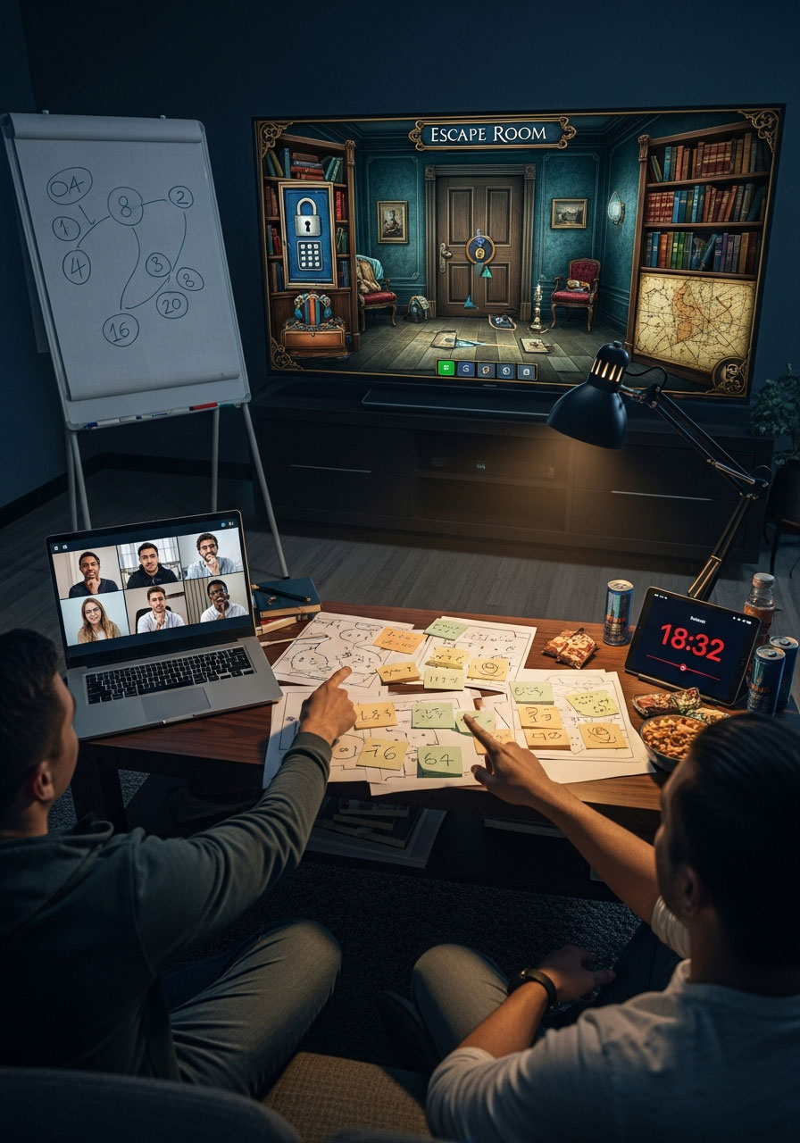 Virtual escape room birthday party showing puzzle interface on large TV, team collaboration via video chat, notes and clue solving in progress