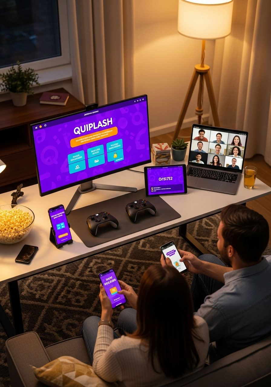 Virtual game night birthday party showing Jackbox Games on large monitor, participants on video call laughing, and players using phones for game input