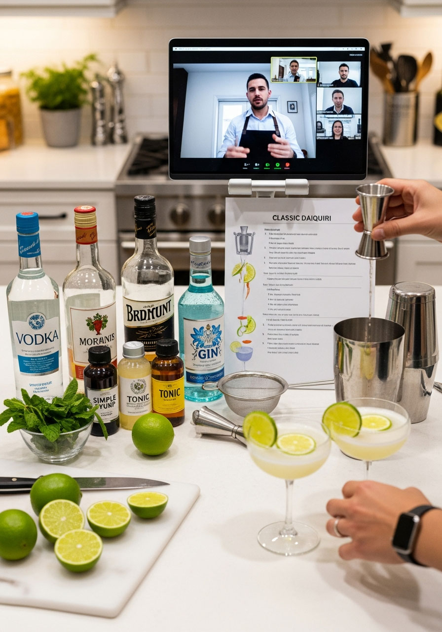 Virtual mixology class birthday party with laptop showing bartender instructor, complete cocktail ingredients, bar tools, and hands mixing drinks