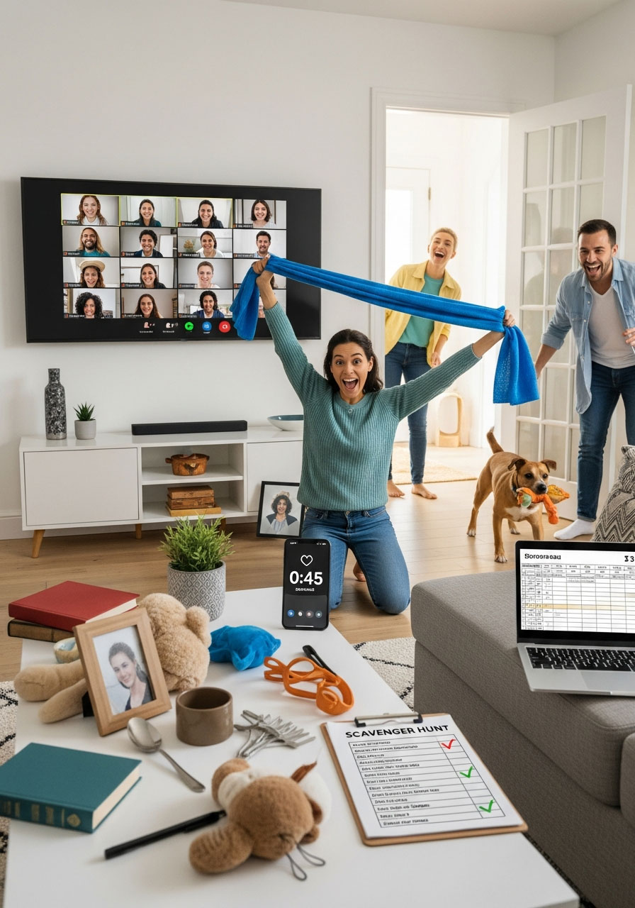Virtual scavenger hunt birthday party with participant holding found item toward TV screen showing video call grid and scattered household objects