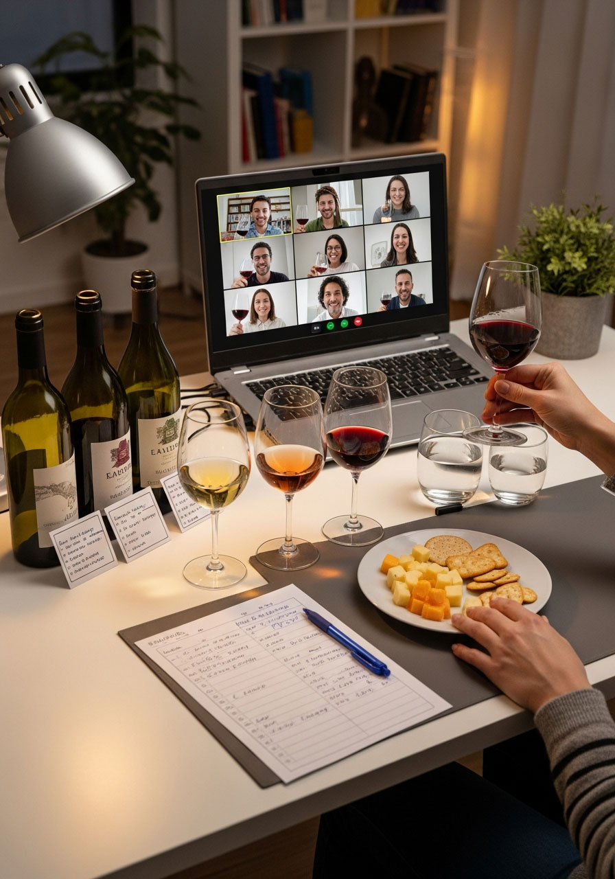 Virtual wine tasting birthday party setup showing laptop video call with participants, multiple wine bottles, tasting glasses, scorecards, and cheese pairings