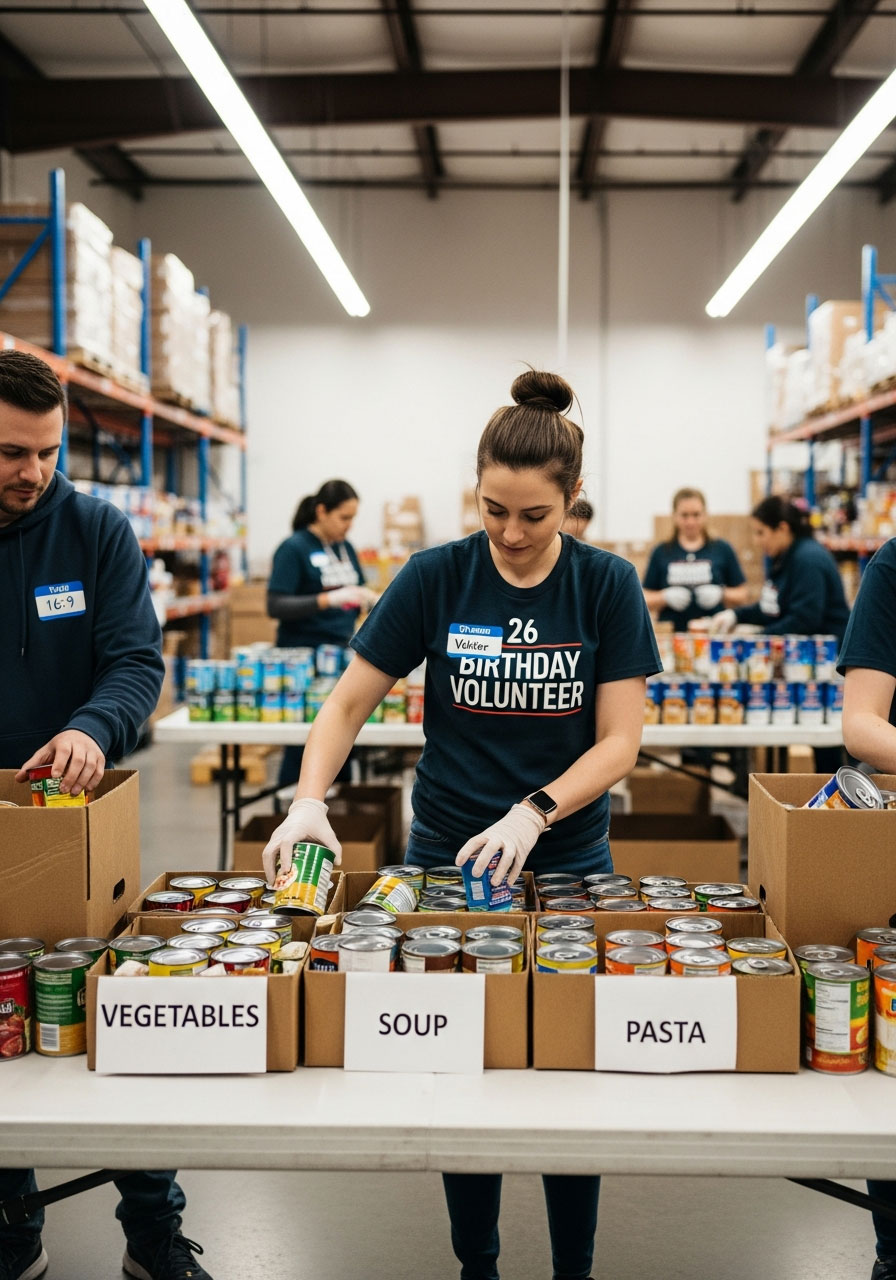 Birthday woman sorting canned food donations as volunteer at community food bank